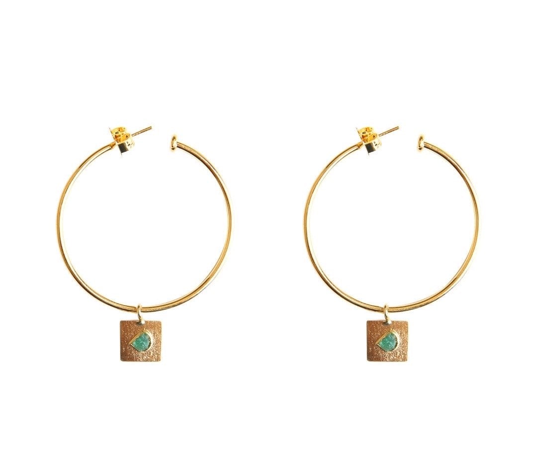 Square Pendant Raw Emerald Bronze & 24k Gold Plated Earrings
