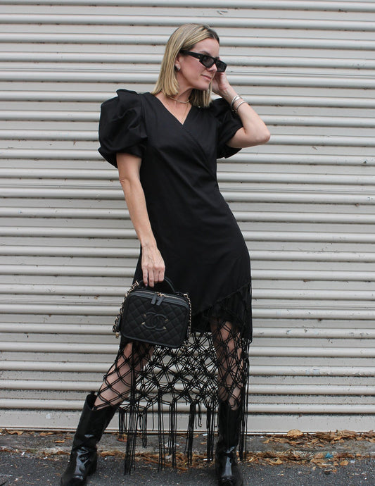 Fringe Wrap Dress - Black